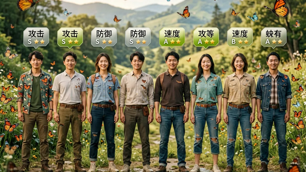 哥要搞蝴蝶谷全角色阵容排列展示，各角色站位与属性标签清晰可见，用于角色对比导读