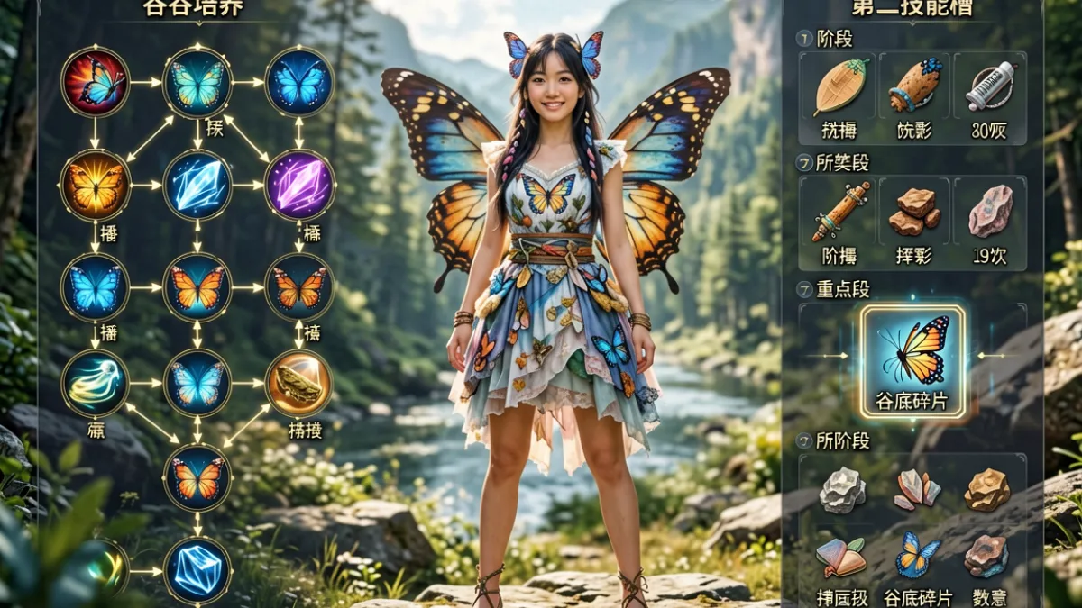 哥要搞蝴蝶谷角色培养界面，展示技能槽解锁路径与材料需求清单