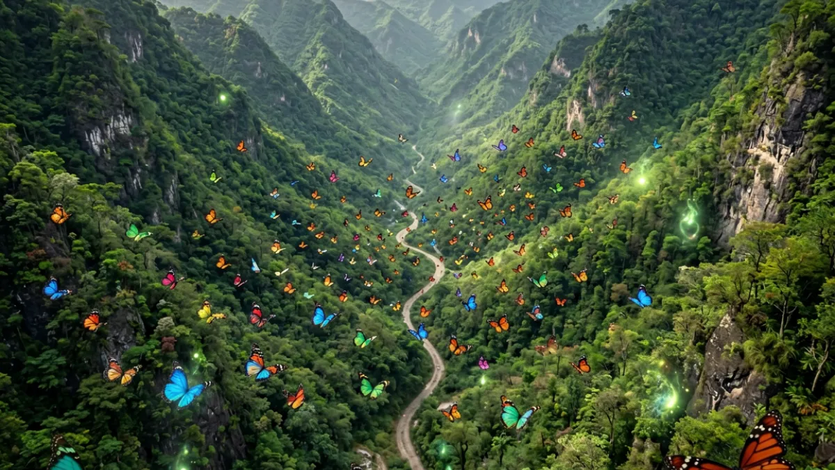 哥要搞蝴蝶谷门户首页全貌，展示蝴蝶谷地图全景与各功能区入口示意，画面色彩丰富细节清晰