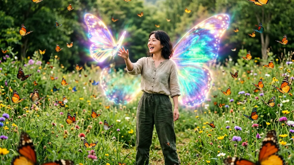 哥要搞蝴蝶谷幻彩捕蝶季活动预告截图，画面展示玩家角色在蝴蝶谷中追逐发光蝴蝶的场景