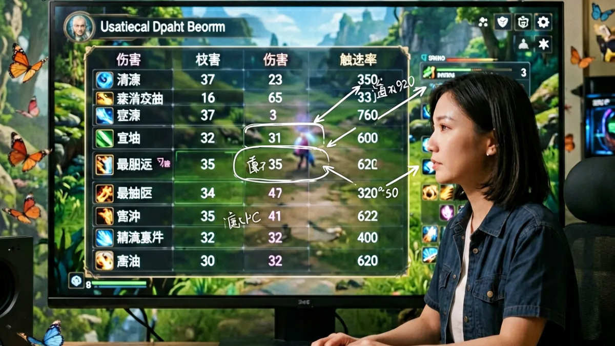 哥要搞蝴蝶谷攻略博主在直播中讲解数值框架的场景，屏幕上显示伤害区间与触发概率统计表格